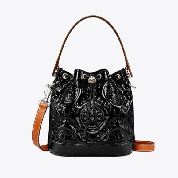 NWT! New! Tory Burch T Monogram Embroidered Patent Bucket Bag -BLACK Large - Picture 1 of 14